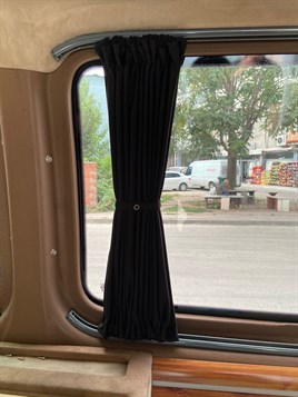 VW T5 Curtain Kit - BLACK - Behind drivers side VW T5 Campervan Curtains - Image 5