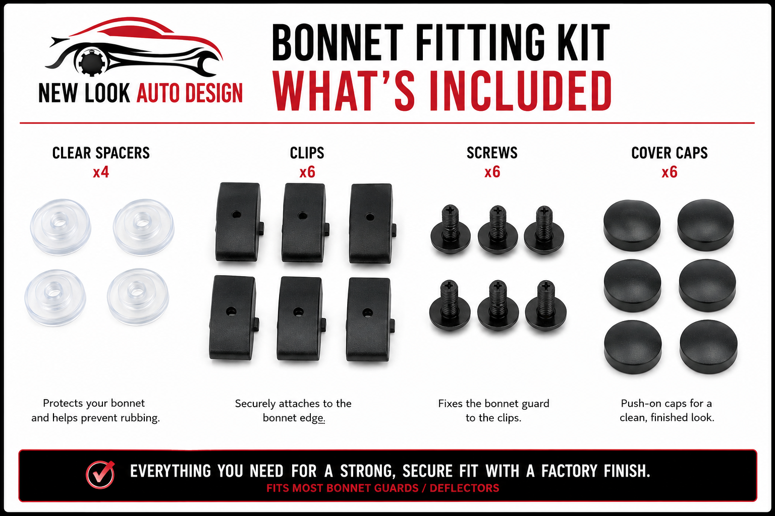 Bonnet Guard / Bonnet Deflector Fitting Kit – Clips, Screws, Caps & Spacers
