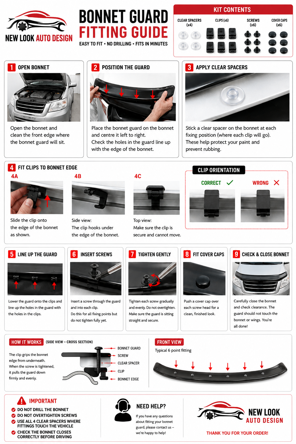 Bonnet Guard / Bonnet Deflector Fitting Kit – Clips, Screws, Caps & Spacers - Image 3