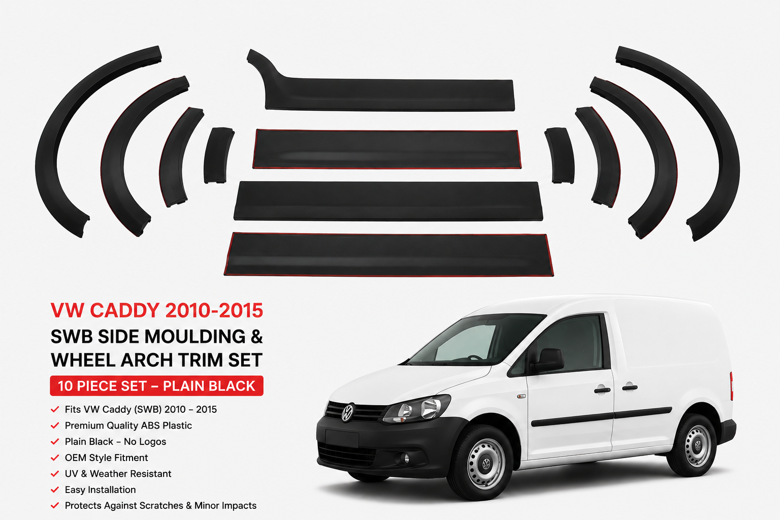 VW Caddy 2010–2015 SWB Wheel Arch & Side Cladding Kit – Matte Black ABS - Image 6