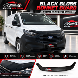 Ford Transit Custom 2023+ Black Gloss Acrylic Bonnet Guard Protector – Fitting Kit Included