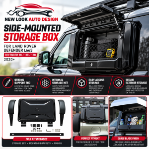 LAND ROVER DEFENDER L663 90 110 130 SIDE STORAGE BOX GLOSS BLACK LOCKABLE 2020+