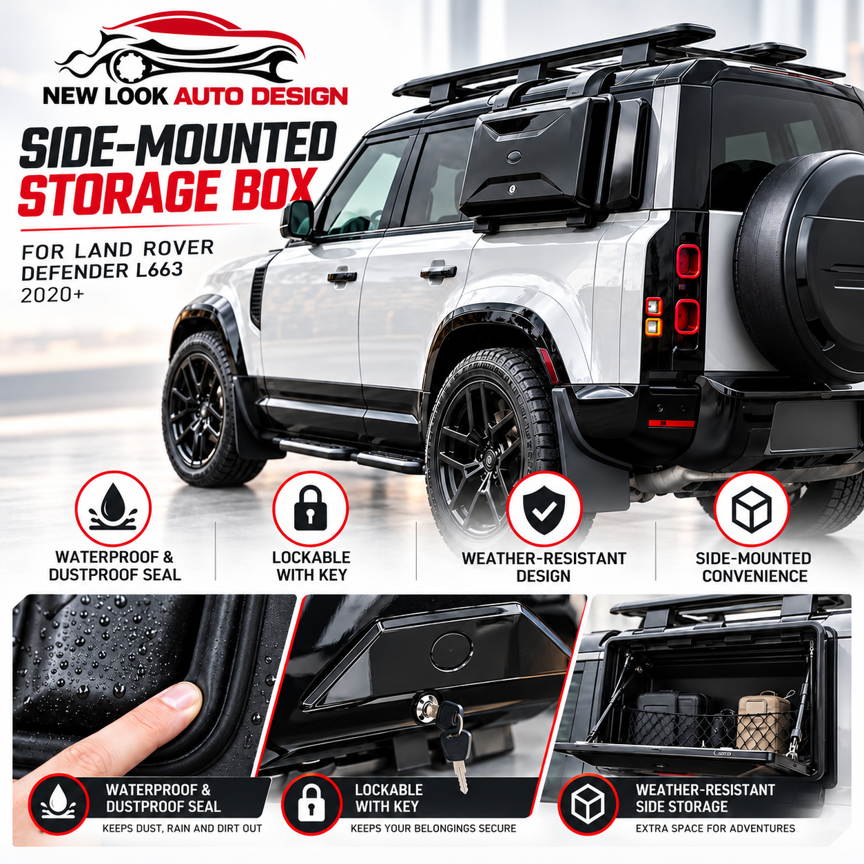 LAND ROVER DEFENDER L663 90 110 130 SIDE STORAGE BOX GLOSS BLACK LOCKABLE 2020+ - Image 4